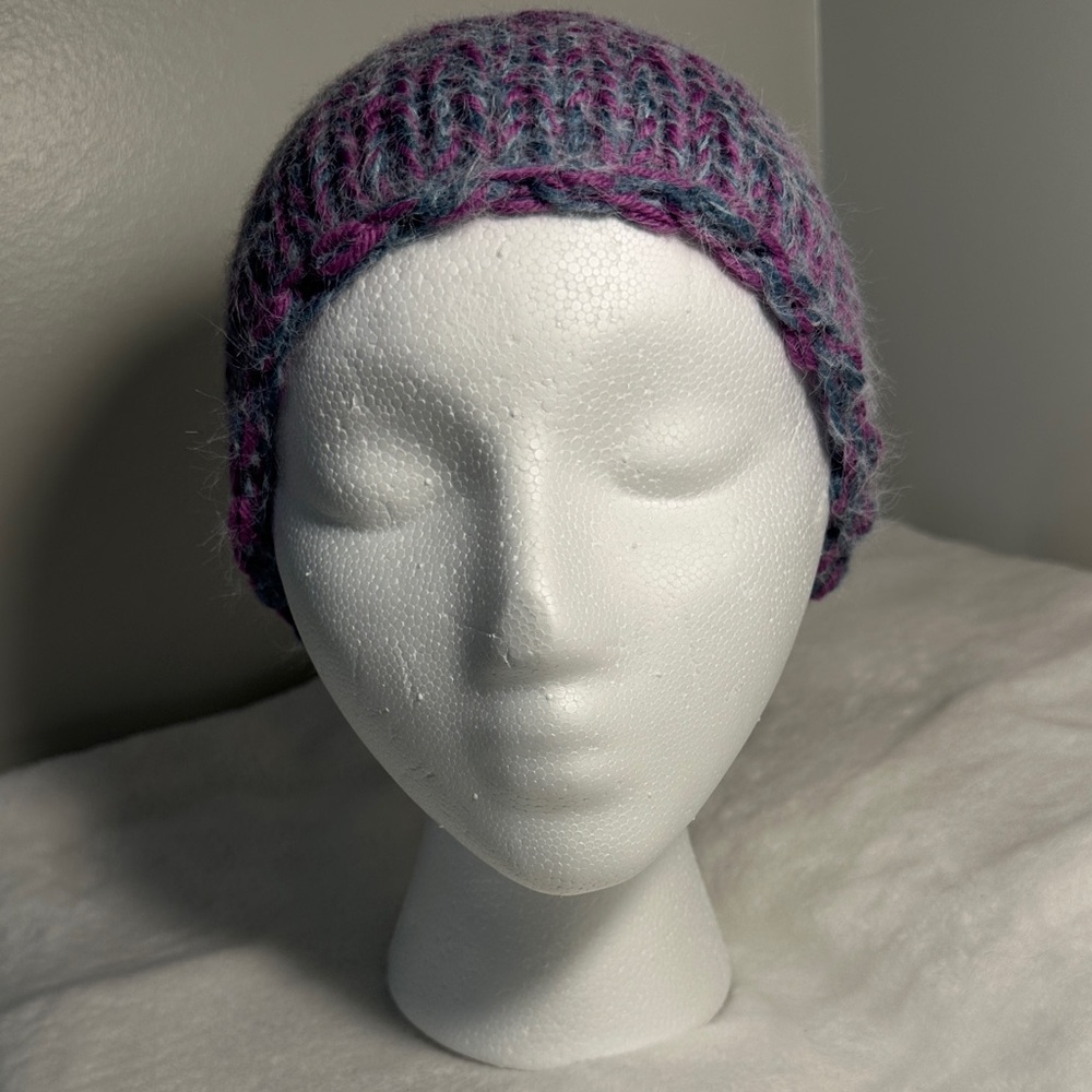 NNT, handmade Cozy Knit Beanie in Purple and Gray, alpaca wool.